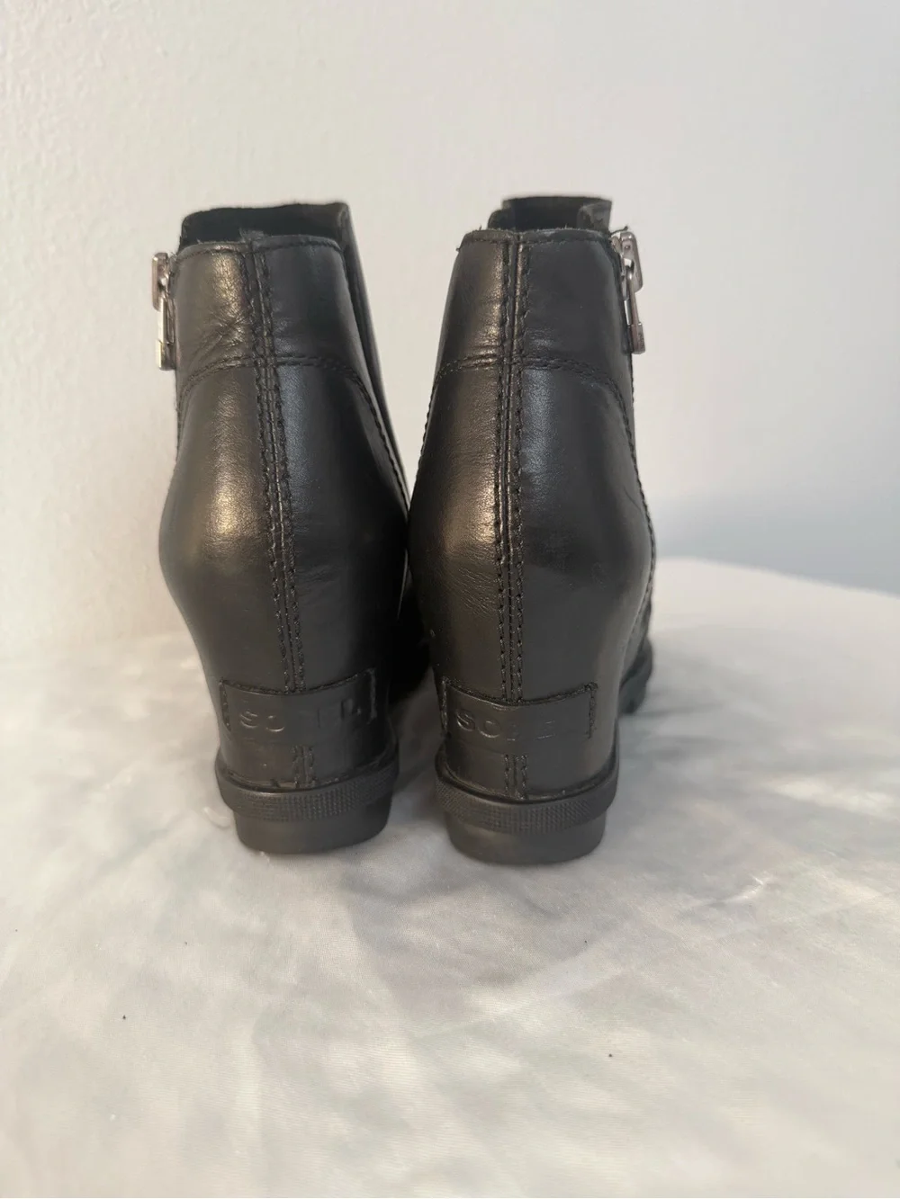 Sorel Black Leather Wedge Ankle Boot with Side Zip Detail